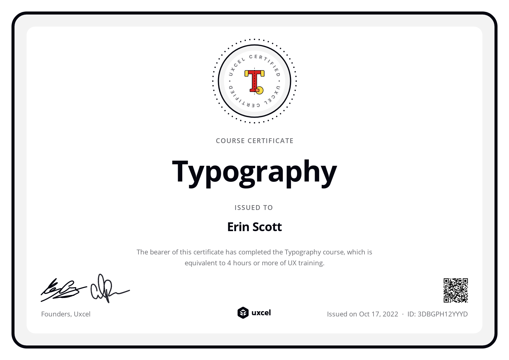 Erin Scott's certificate